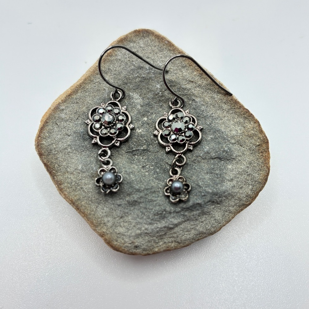 Baked Beads Gunmetal Mixed Materials Pearl Dangle Pierced Earrings